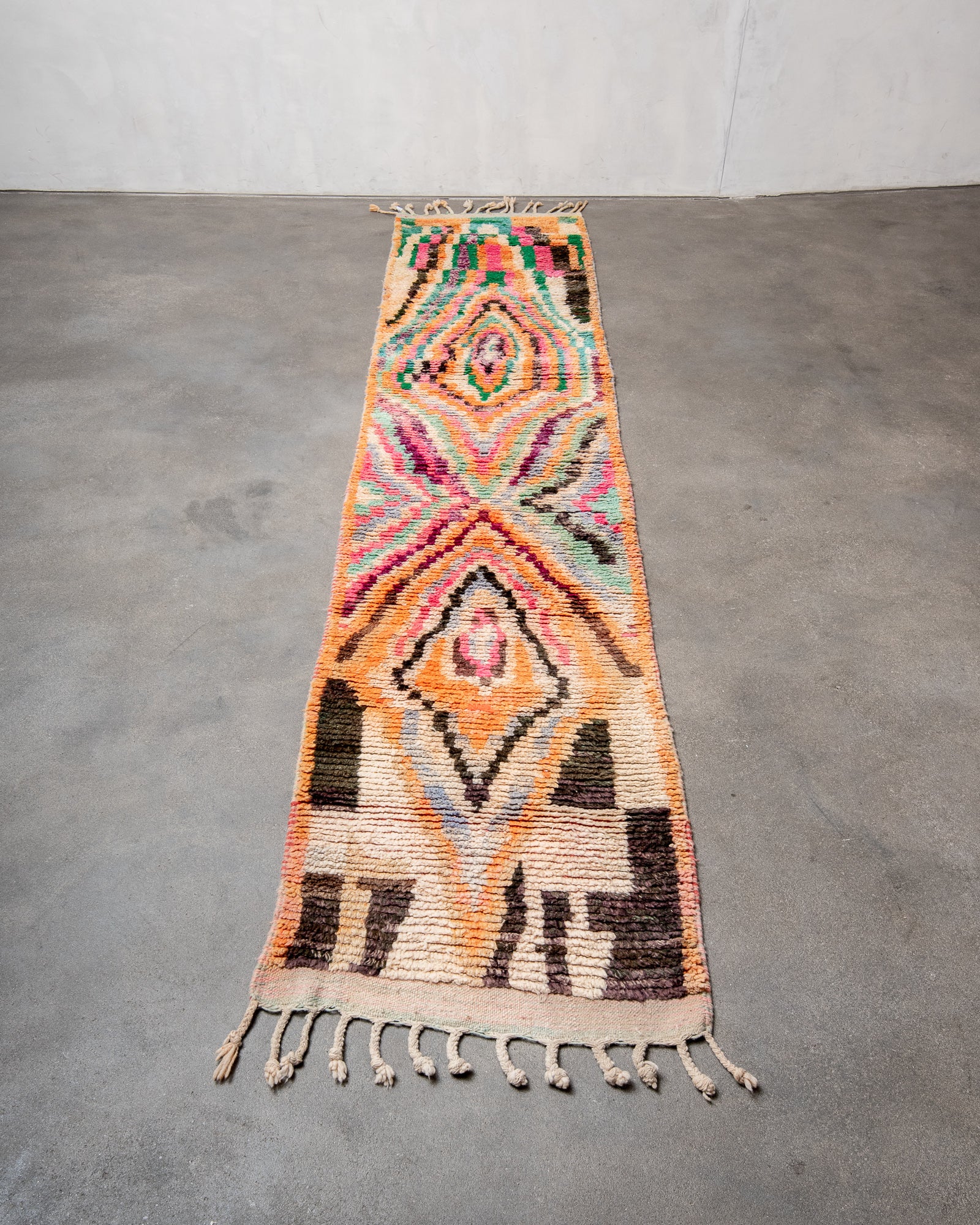 Modern designer handcrafted vintage Berber runner rug from Morocco. Beniourain with beautiful colours and patterns.